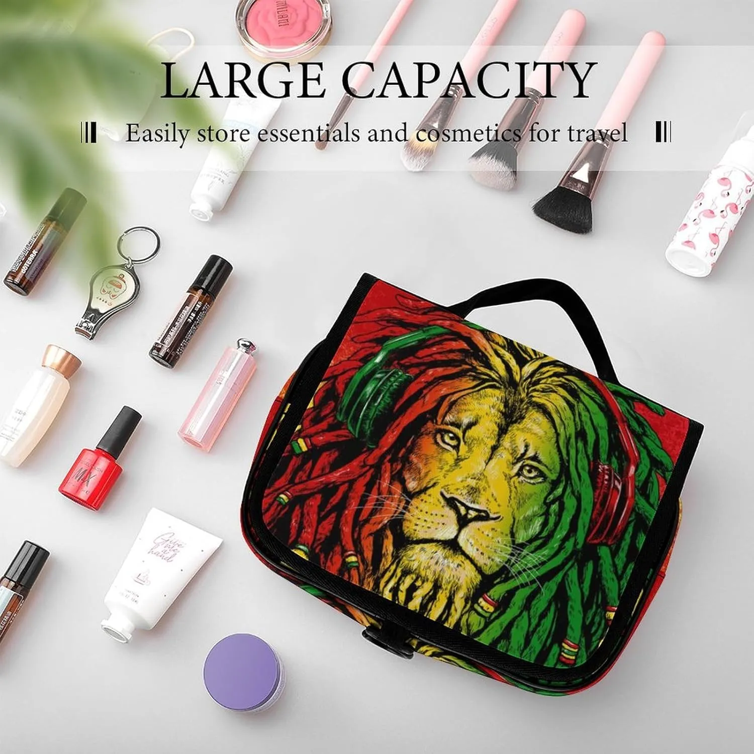 Waterproof Hanging Toiletry Bags for Traveling, Jamaican Rasta Flag Rastafarian Reggae Lion Cosmetic Bag, Portable Foldable Makeup Case Organizer Shaving Bag