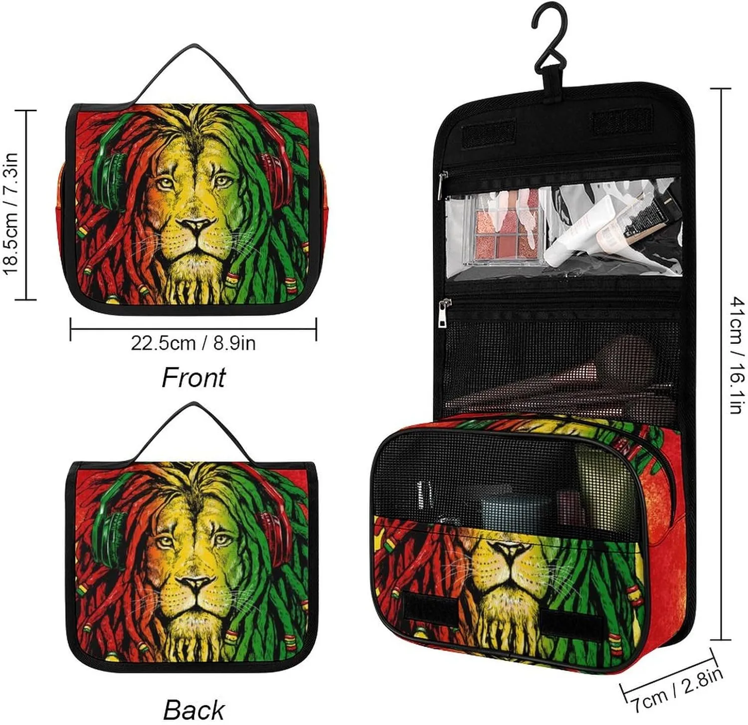 Waterproof Hanging Toiletry Bags for Traveling, Jamaican Rasta Flag Rastafarian Reggae Lion Cosmetic Bag, Portable Foldable Makeup Case Organizer Shaving Bag