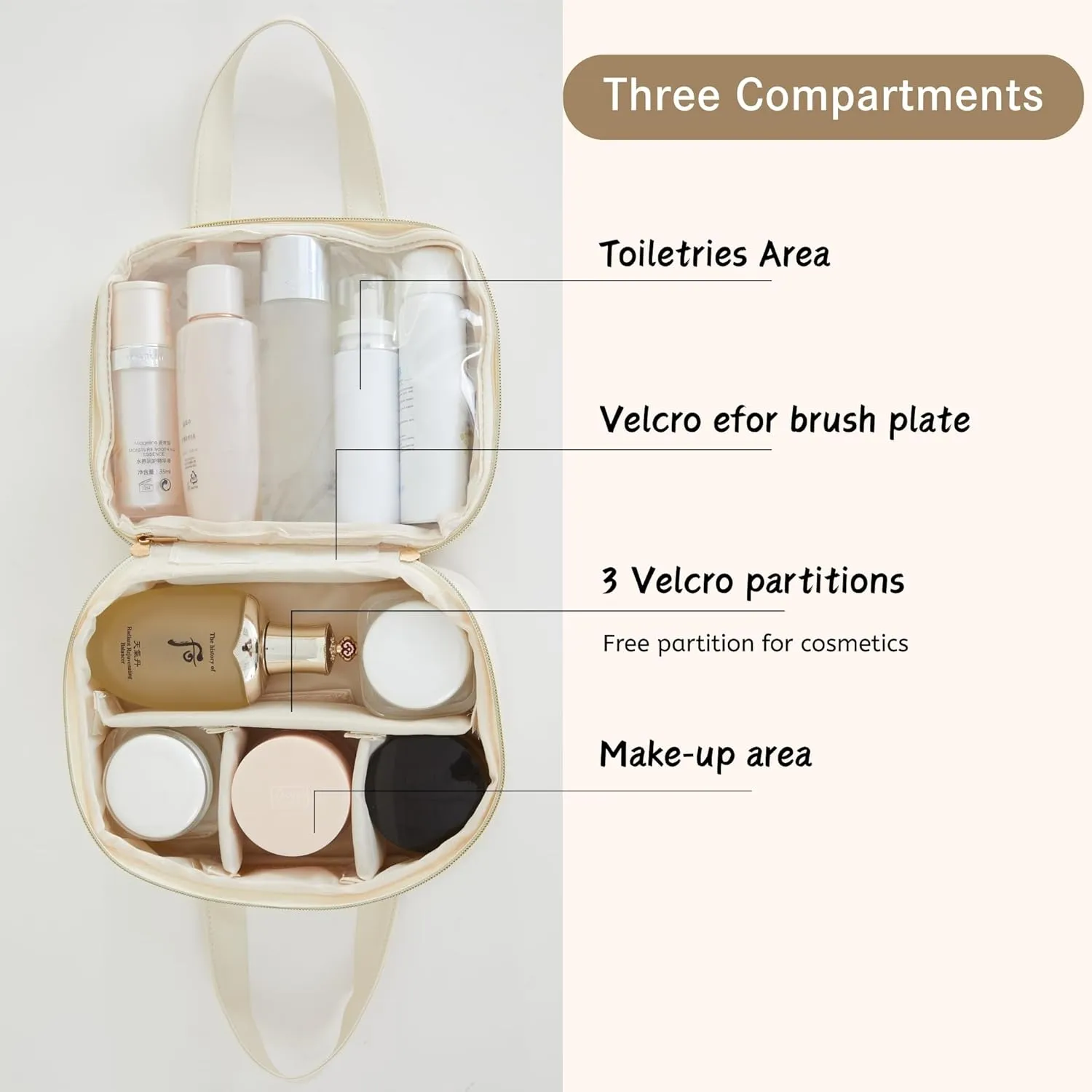 Waterproof PU Leather Makeup Bag for Women - Large Capacity Travel Organizer with Compartments, Skincare & Cosmetic Brush Case, Portable Toiletry Bag,Beige
