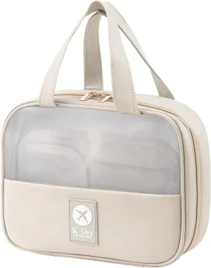 Waterproof PU Leather Makeup Bag for Women - Large Capacity Travel Organizer with Compartments, Skincare & Cosmetic Brush Case, Portable Toiletry Bag,Beige