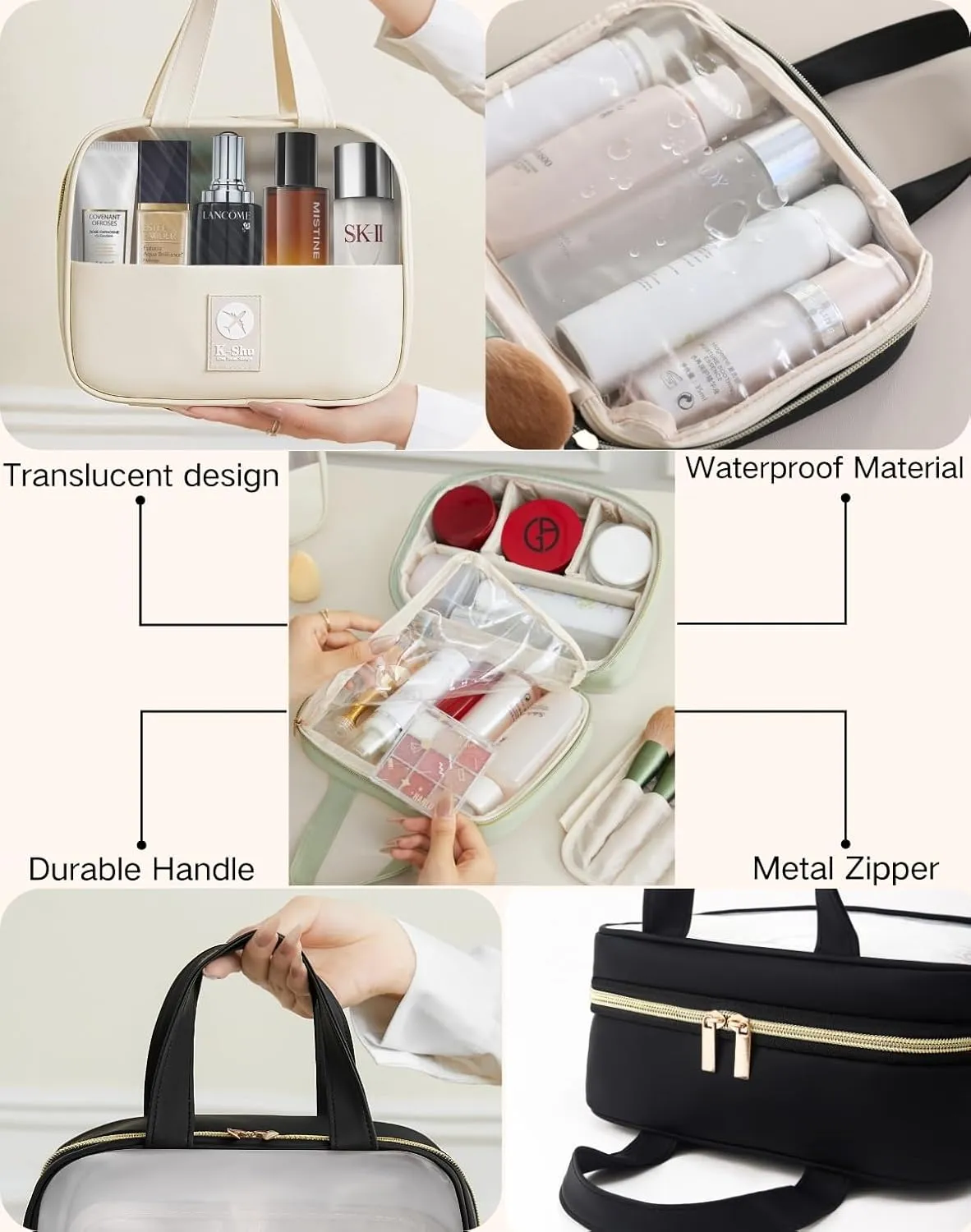 Waterproof PU Leather Makeup Bag for Women - Large Capacity Travel Organizer with Compartments, Skincare & Cosmetic Brush Case, Portable Toiletry Bag,Beige