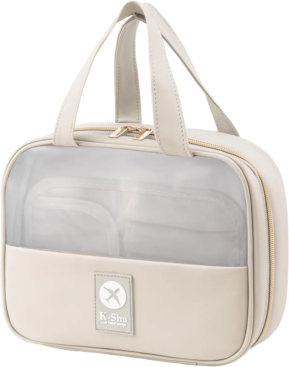 Waterproof PU Leather Makeup Bag for Women - Large Capacity Travel Organizer with Compartments, Skincare & Cosmetic Brush Case, Portable Toiletry Bag,Beige