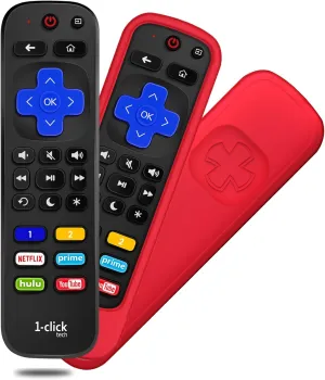 [w/Cover] 1-clicktech for【Roku TV/Roku Box】 2-in-1 w/TV Volume for TCL Hisense ONN. All Built-in Roku TV, and for Roku 1/2/3/4 Express Ultra LT HD XDS【NOT for Stick】(Remote   Red Cover)