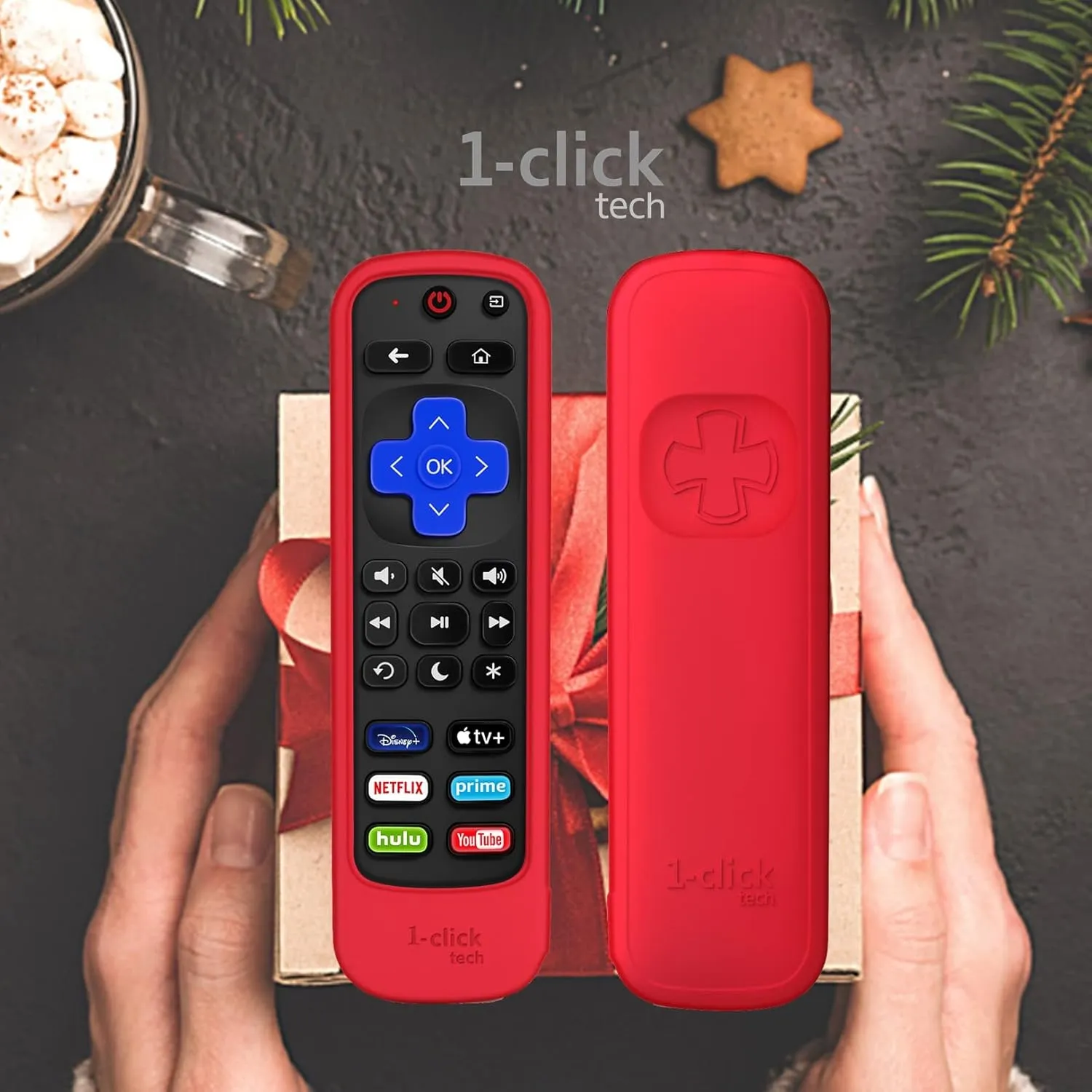 [w/Cover] 1-clicktech for【Roku TV/Roku Box】 2-in-1 w/TV Volume for TCL Hisense ONN. All Built-in Roku TV, and for Roku 1/2/3/4 Express Ultra LT HD XDS【NOT for Stick】(Remote   Red Cover)