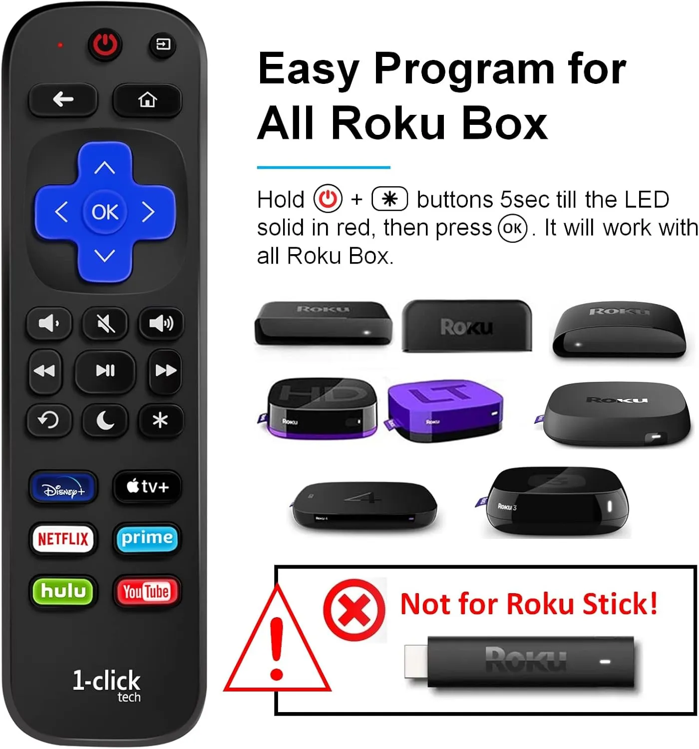 [w/Cover] 1-clicktech for【Roku TV/Roku Box】 2-in-1 w/TV Volume for TCL Hisense ONN. All Built-in Roku TV, and for Roku 1/2/3/4 Express Ultra LT HD XDS【NOT for Stick】(Remote   Red Cover)