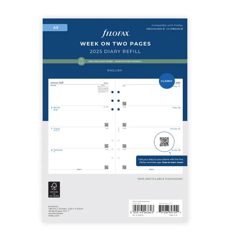 Week On Two Pages Diary - A5 2025 English - Recycled Paper