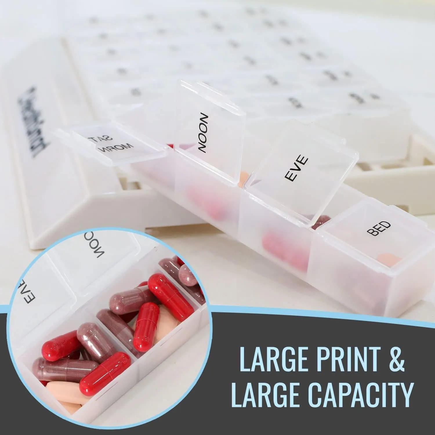 Weekly Pill Organizer 3 Times a Day, Medicine Organizer for Morning, Noon, Evening, and Night, Travel Pill Organizer, with Storage Tray, Clear (Pack of 1)