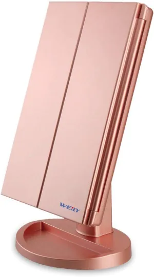 WEILY Lighted Vanity Makeup Mirror 1x/2x/3x Magnification Trifold with 21 LED Lights Touch Screen and USB Charging, 180 Degree Adjustable Stand for Countertop Cosmetic Makeup Mirror(Rose Gold)