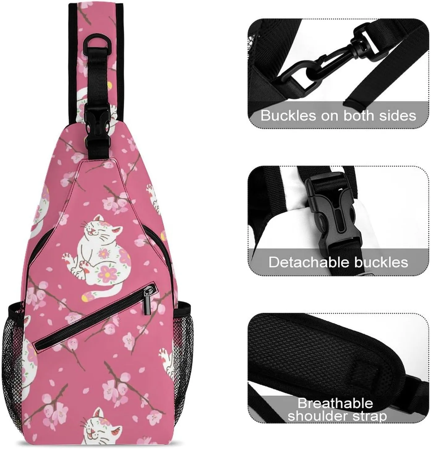 White-cats-sakuras-flowers-pattern Sling Backpack, Crossbody Shoulder Bag, Chest Bags for Outdoor Travel Fitness, 38x20cm, Style-3