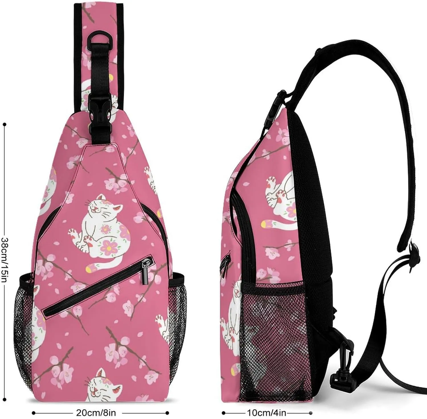 White-cats-sakuras-flowers-pattern Sling Backpack, Crossbody Shoulder Bag, Chest Bags for Outdoor Travel Fitness, 38x20cm, Style-3