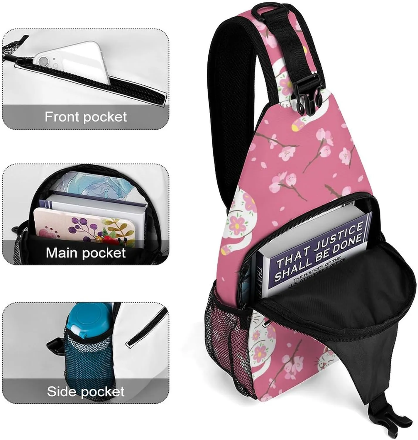 White-cats-sakuras-flowers-pattern Sling Backpack, Crossbody Shoulder Bag, Chest Bags for Outdoor Travel Fitness, 38x20cm, Style-3