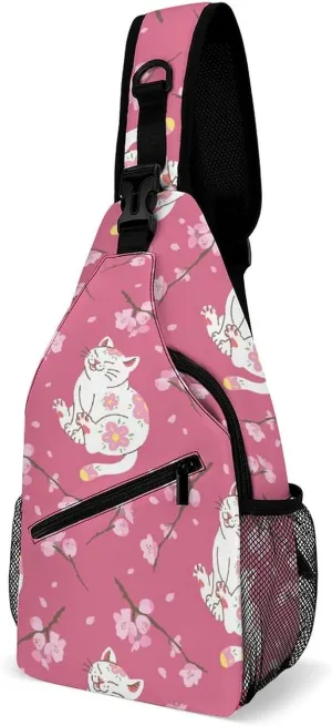 White-cats-sakuras-flowers-pattern Sling Backpack, Crossbody Shoulder Bag, Chest Bags for Outdoor Travel Fitness, 38x20cm, Style-3