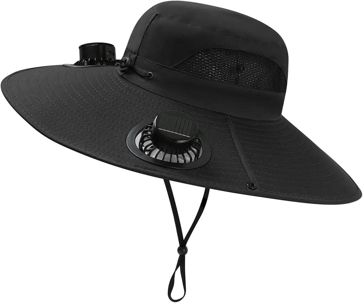 Wide Brim Solar Fan Hat,Removable 2 Fans with USB Charging Waterproof UPF 50  Bucket Hat Outdoor Fishing Hat Sun Hat