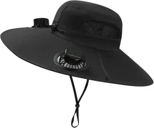 Wide Brim Solar Fan Hat,Removable 2 Fans with USB Charging Waterproof UPF 50  Bucket Hat Outdoor Fishing Hat Sun Hat