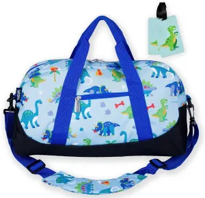 Wildkin Kids Overnighter Duffel Bag Bundle with 2 Matching Bag Tags (Dinosaur Land)