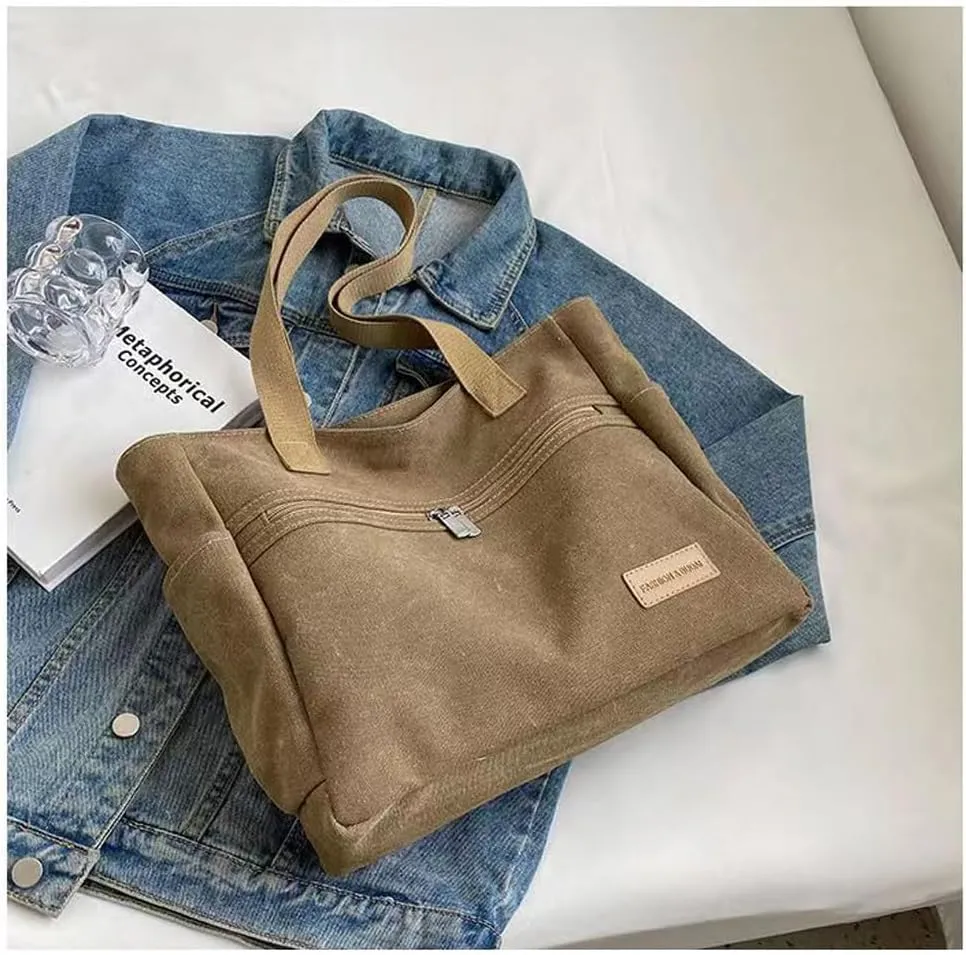 Women Canvas Tote Handbags Zipper Casual Shoulder Work Bag Top Handle Bag Purses