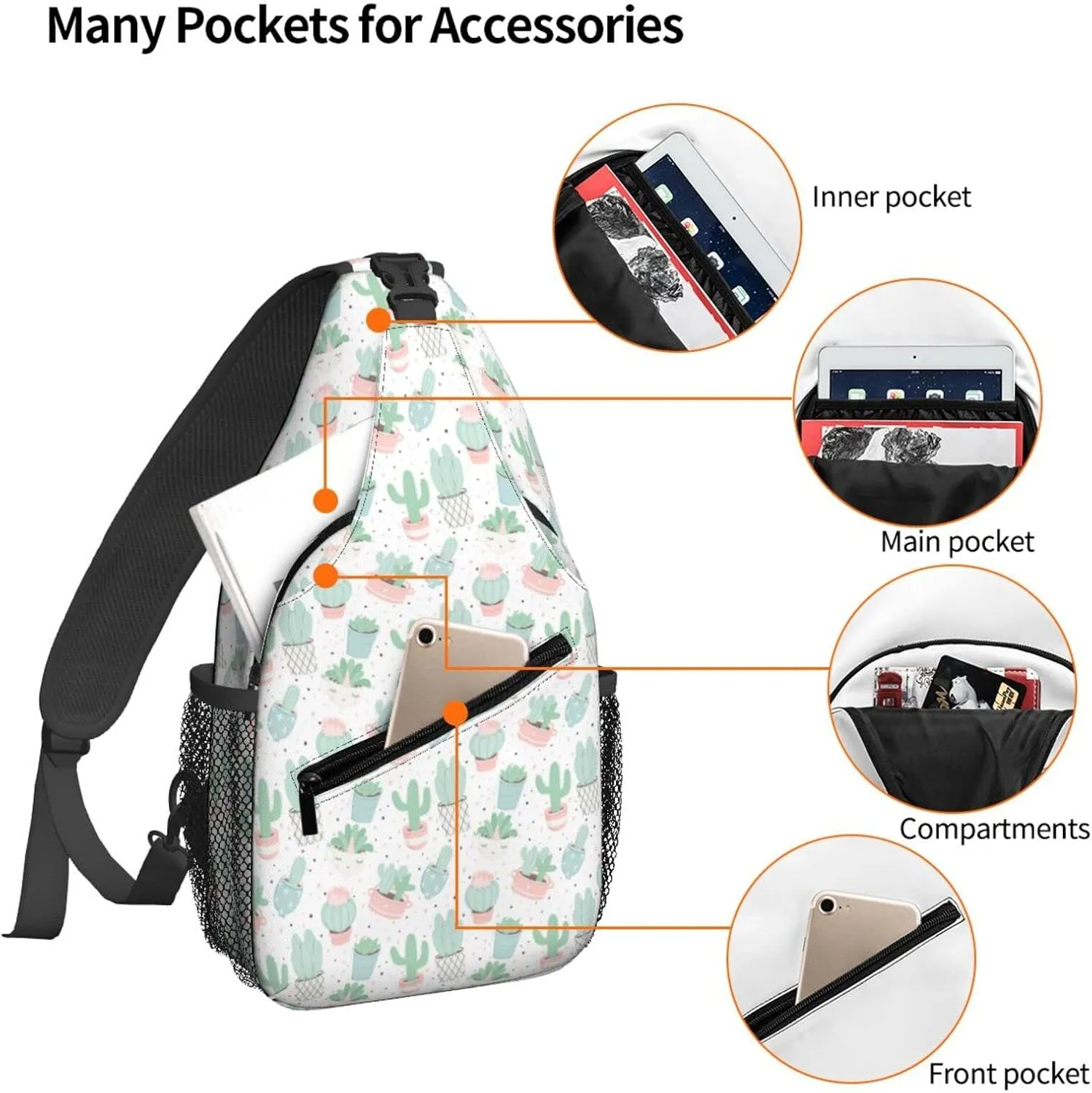 Women Cute Cacti Succulents Pattern Crossbody Sling Backpack for Men Chest Bag Shoulder Bag Lightweight One Strap Backpack Travel Outdoor Daypack