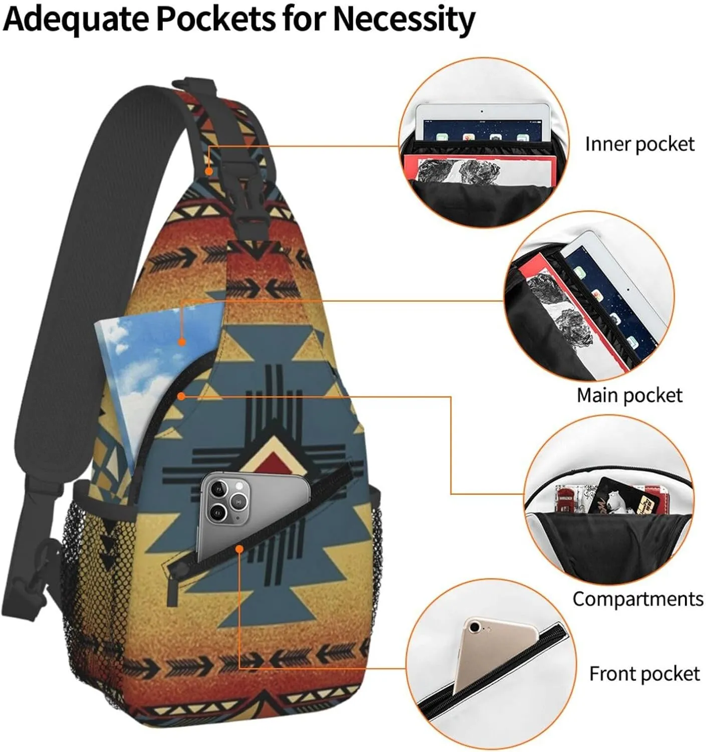 Women Men Sling Bag Anti Theft for Native American Saddle Blanket Pattern Chest Pack Outdoor Shoulder Backpack Crossbody Bags Causal Daypacks For Hiking Cycling and Travel