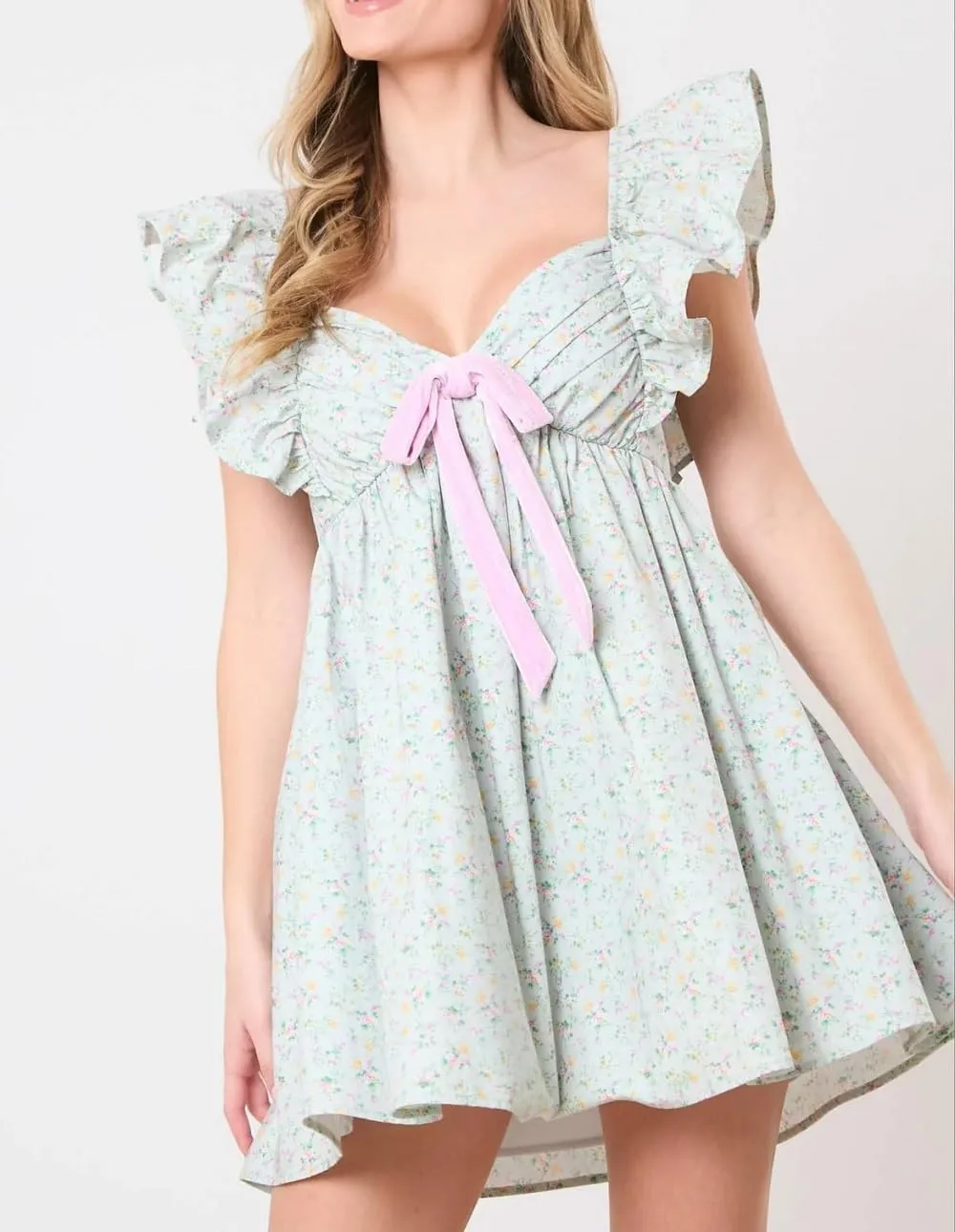 Women Y2K Bow Babydoll Mini Dress Spaghetti Strap Ruffle Sundress Flowy Sling Dress Graphic Going Out Dresses