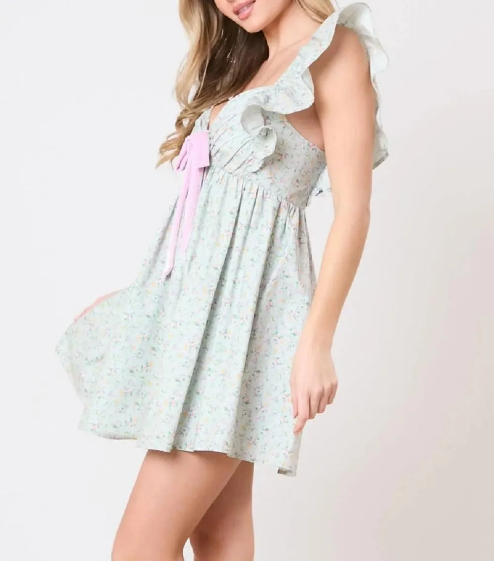 Women Y2K Bow Babydoll Mini Dress Spaghetti Strap Ruffle Sundress Flowy Sling Dress Graphic Going Out Dresses