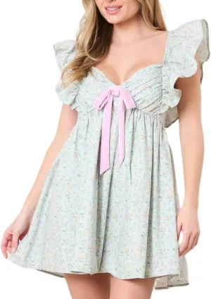 Women Y2K Bow Babydoll Mini Dress Spaghetti Strap Ruffle Sundress Flowy Sling Dress Graphic Going Out Dresses