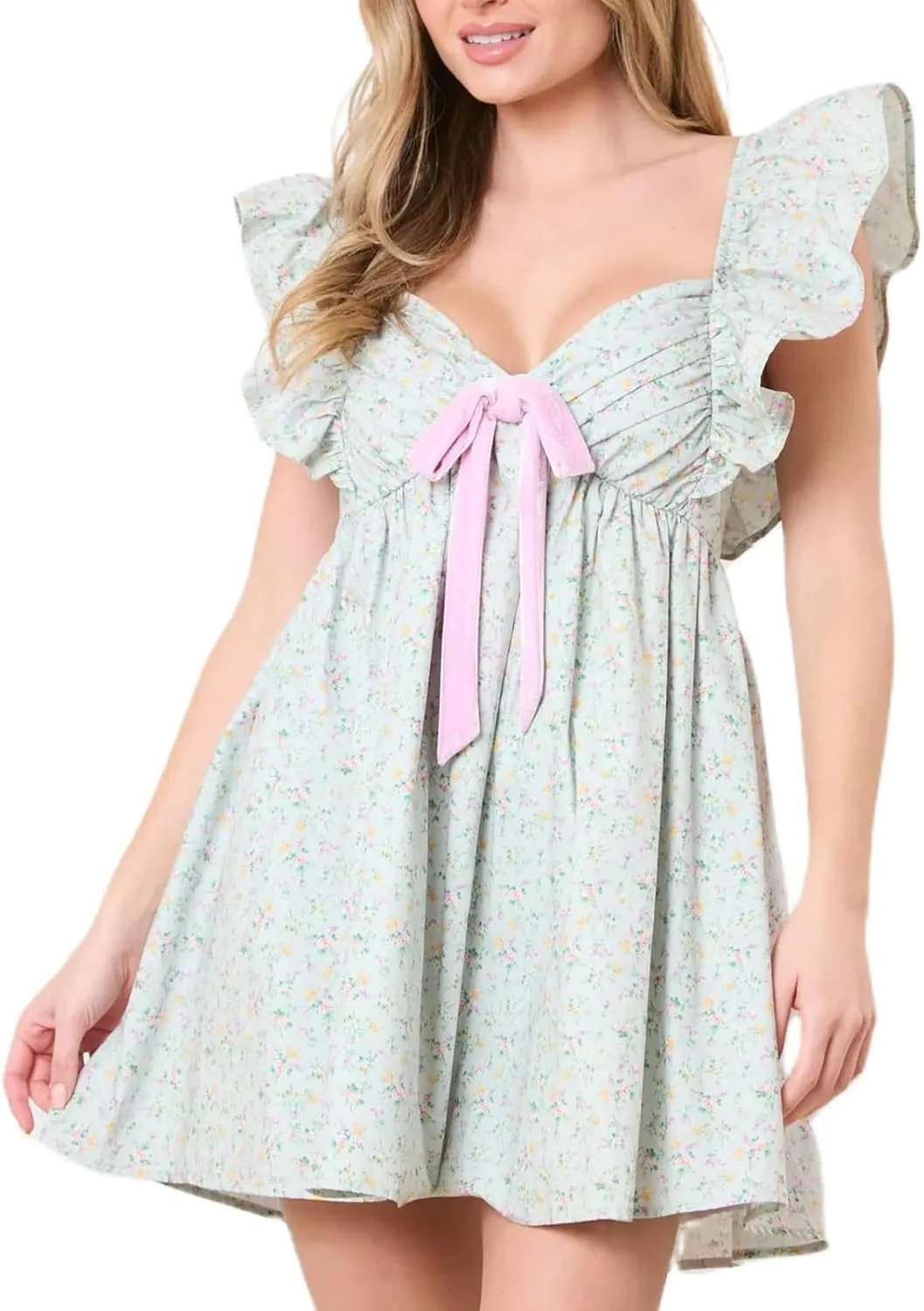 Women Y2K Bow Babydoll Mini Dress Spaghetti Strap Ruffle Sundress Flowy Sling Dress Graphic Going Out Dresses