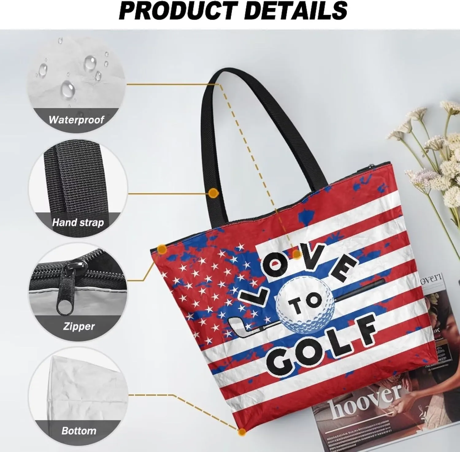 Women’s Dupont Paper Tote Bag Waterproof Shoulder Purse Shopping Grocery Reusable Handbag with Inner Zipper Pocket