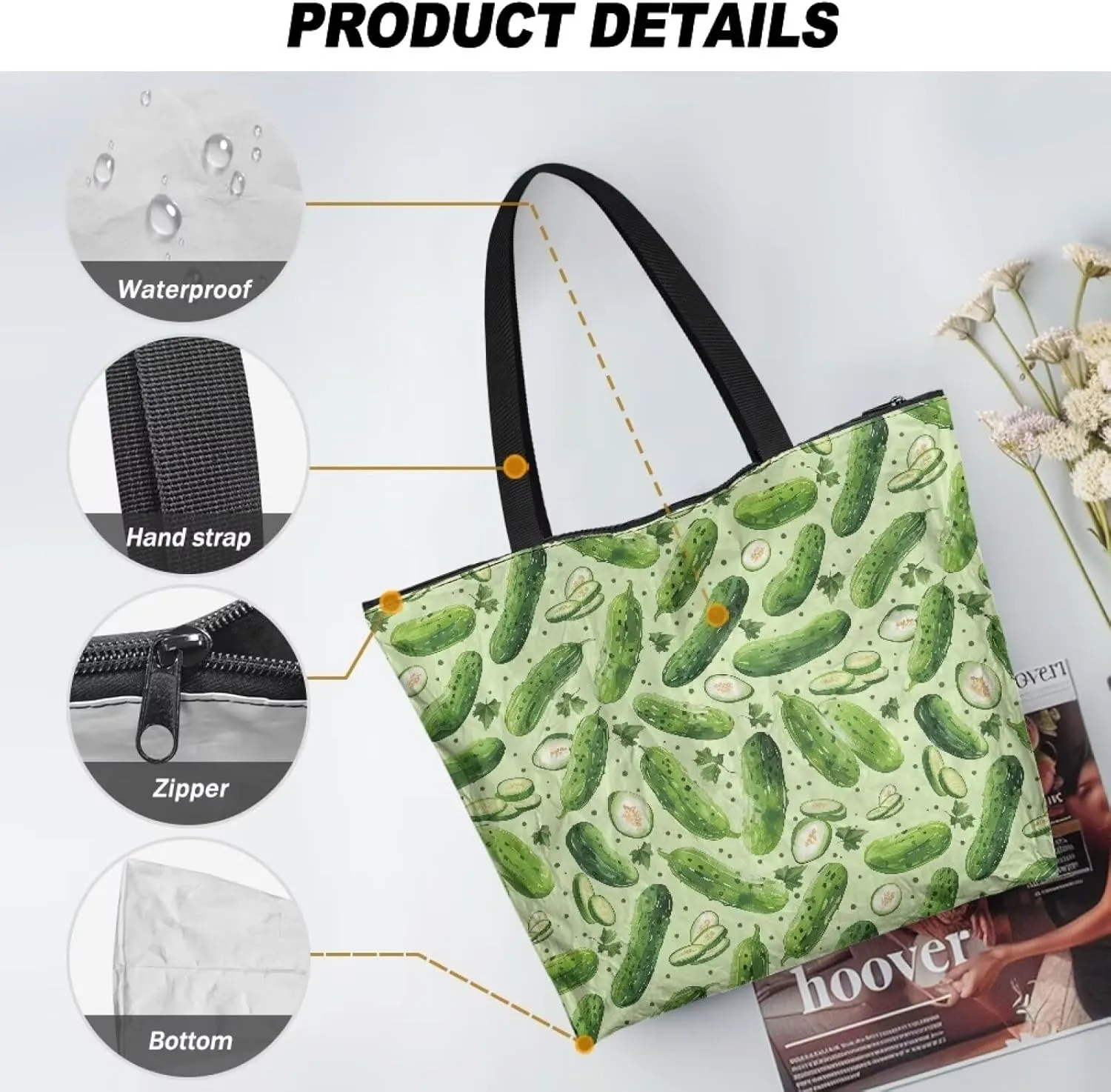 Women’s Dupont Paper Tote Bag Waterproof Shoulder Purse Shopping Grocery Reusable Handbag with Inner Zipper Pocket