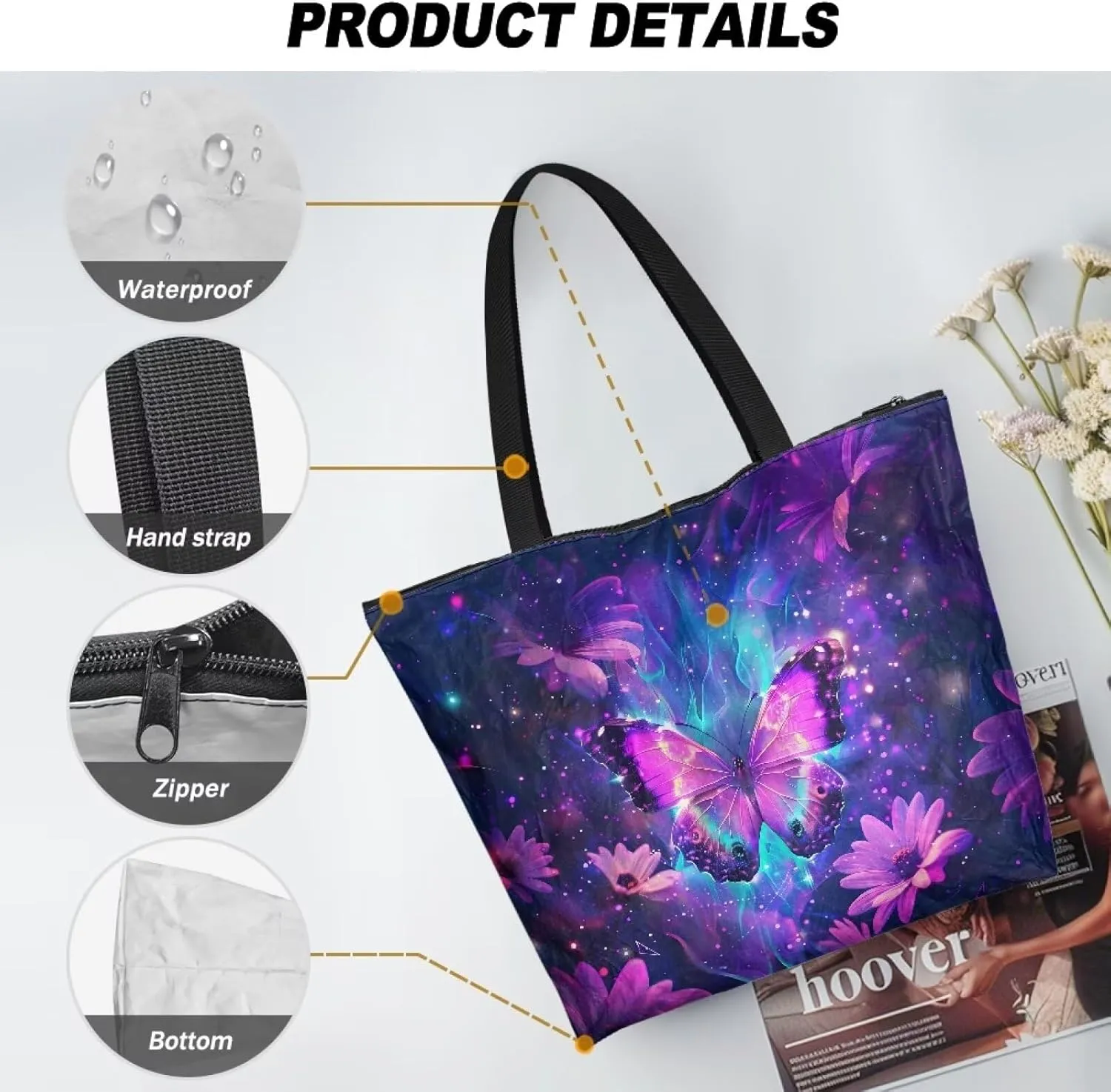 Women’s Dupont Paper Tote Bag Waterproof Shoulder Purse Shopping Grocery Reusable Handbag with Inner Zipper Pocket