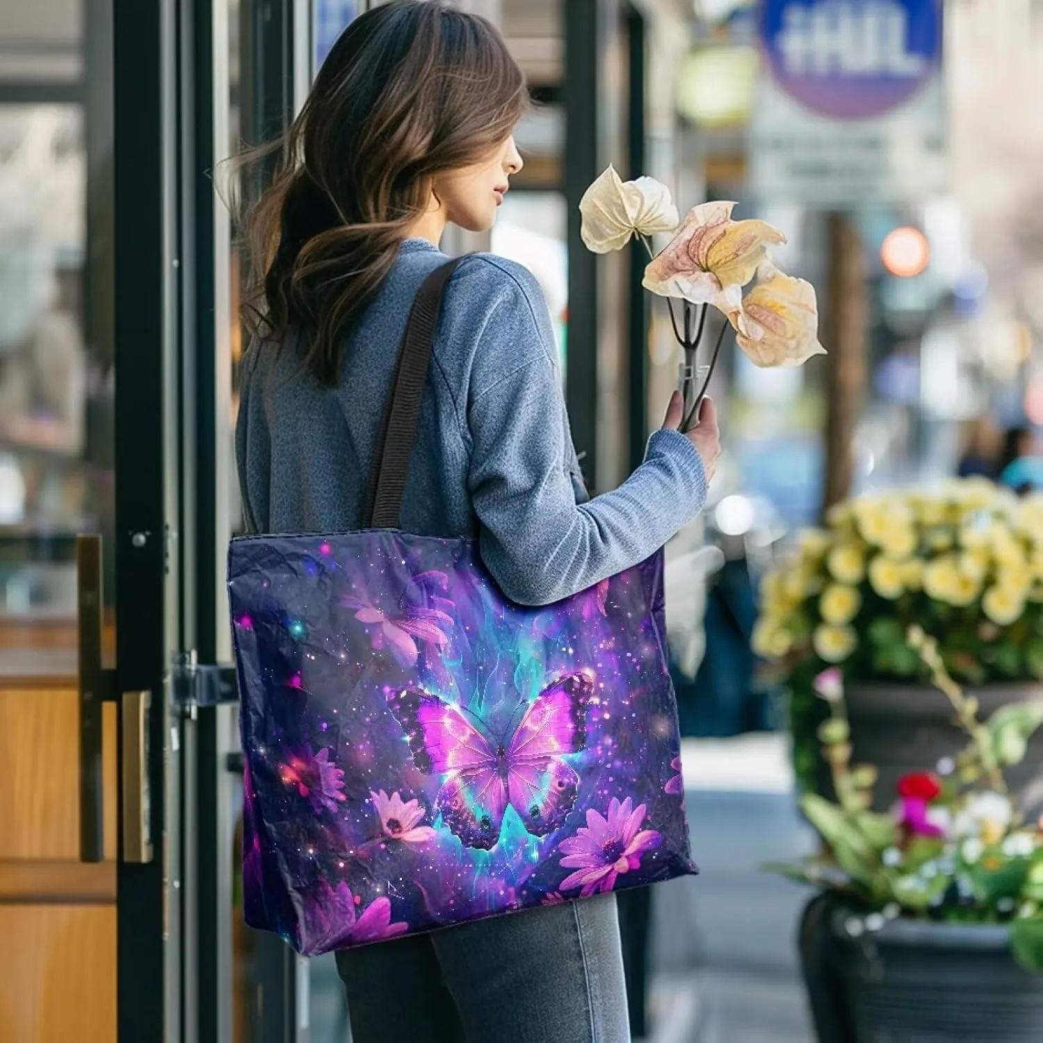 Women’s Dupont Paper Tote Bag Waterproof Shoulder Purse Shopping Grocery Reusable Handbag with Inner Zipper Pocket