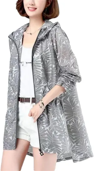 Womens Hooded Sun Protection Clothing Summer Female Clothes Korean Breathable Print Sunscreen Women Jacket UV Thin Coat