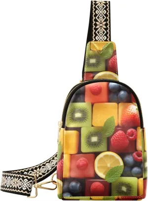 Women’s Sling Bag Fruits Puzzle Print with Adjustable Strap Zipper Closure, PU Leather Water Resistant Crossbody Bag Purse Chest Bag