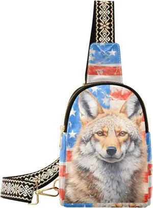 Women’s Sling Bag Painting Coyote American Flag Print with Adjustable Strap Zipper Closure, PU Leather Water Resistant Crossbody Fanny Pack Chest Bag