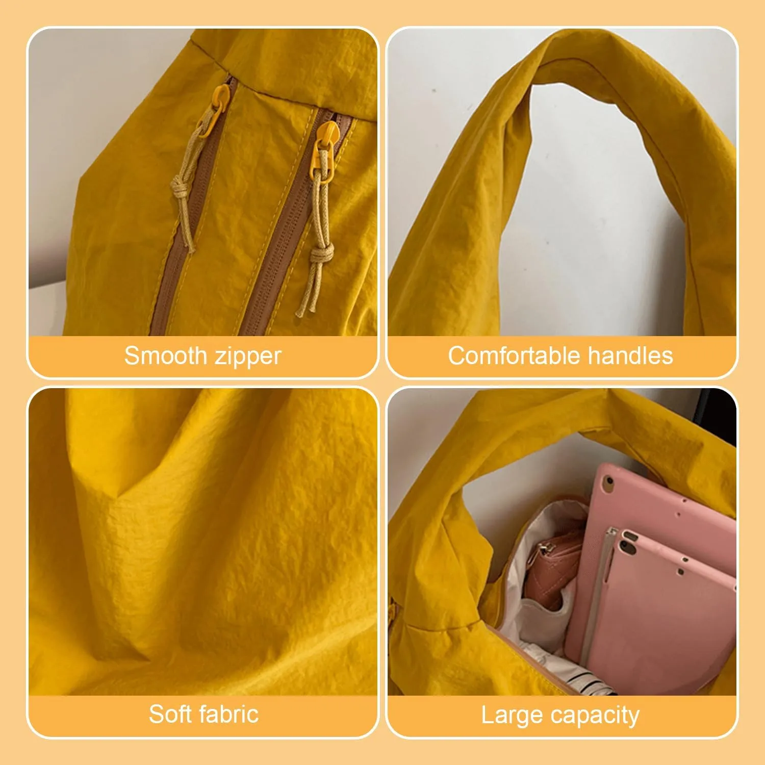 Women's Solid Color Textured Draped Tote Bag,Lightweight Nylon Bag,All-Matching Underarm Pack Bag