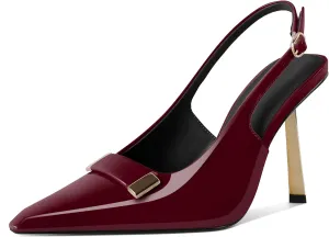 Women's Square Toe Slingback Pumps Stilettos High Heel Metal Buckle Shoes Evening 4 Inch Dress Shoes