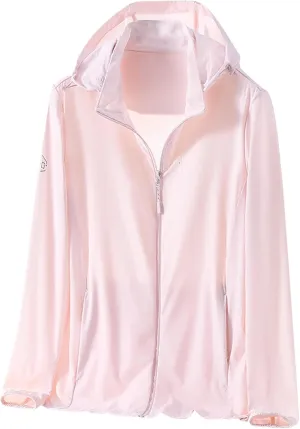 Women's Trendy Solid Long Sleeve Hooded Sun Protection Shirts Summer Casual Breathable Beach UV Outwear with Pocket