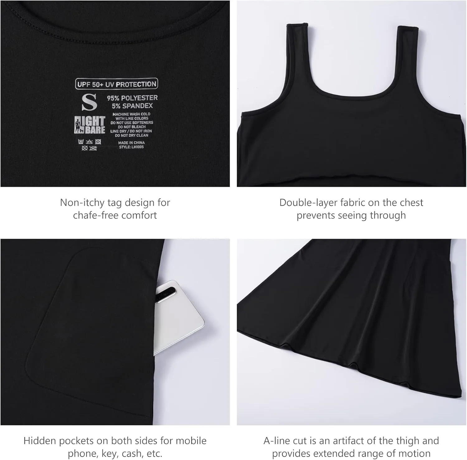 Women’s UPF 50  Tank Dress A-Line with Pockets Breathable Quick Dry Sun Protection for Hiking Camping Beach Outdoor