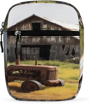 Wooden Barn Rusted Tractor Small Satchel Mini Crossbody Sling Bag Shoulder Bag for Men Women Workout Travelling