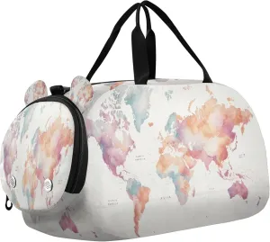 World Map Kids Overnight Sports Duffel Bags with Shoe Compartment & Wet Pocket Travel Sport Gym Bag for Girls Boys