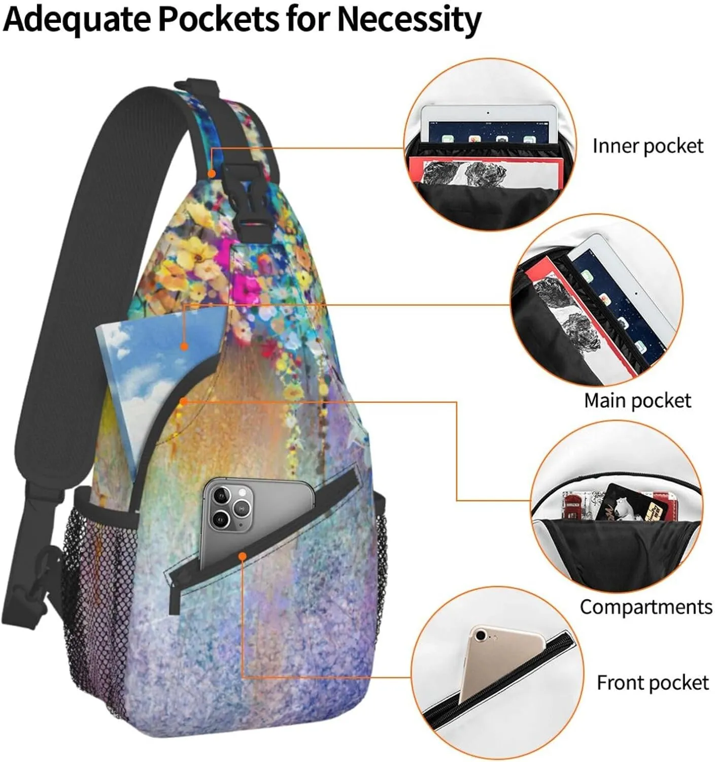 WURTON Black Marble Texture Gold Print Crossbody Sling Backpack Sling Bag Travel Hiking Chest Bag Daypack