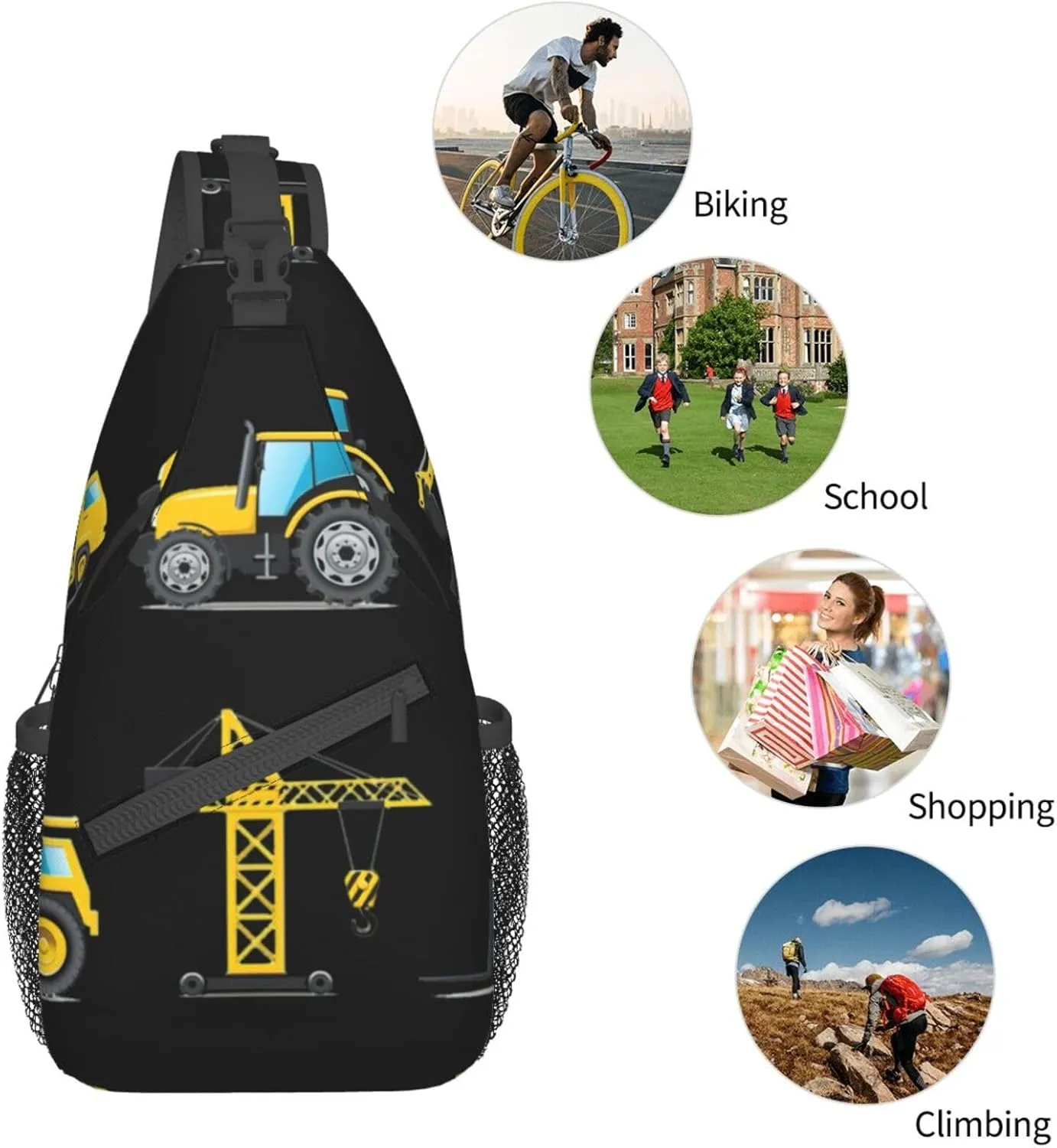 WURTON Cartoon Heavy Machinery Truck Sling Bag Crossbody Backpack Sling Backpack Shoulder Bag For Women Men Cycling Hiking Travel