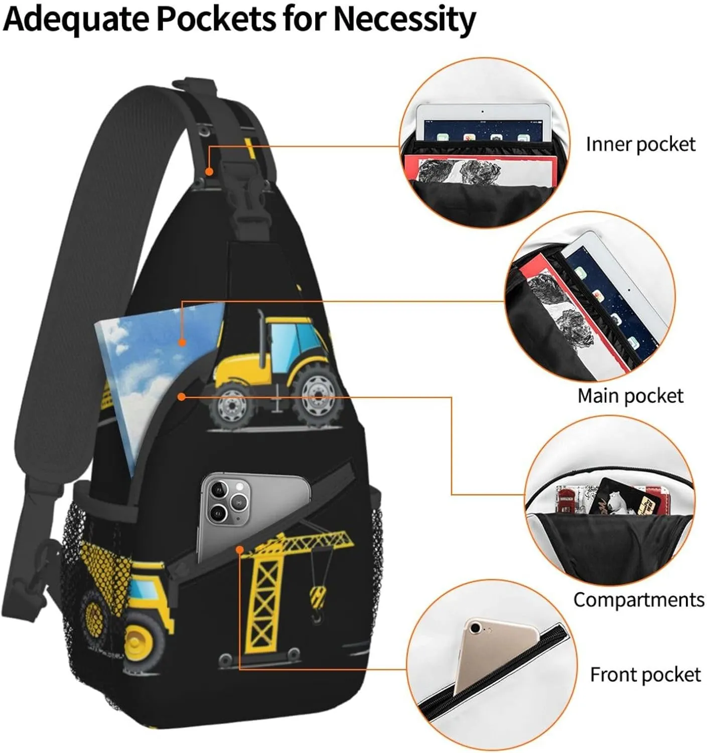 WURTON Cartoon Heavy Machinery Truck Sling Bag Crossbody Backpack Sling Backpack Shoulder Bag For Women Men Cycling Hiking Travel