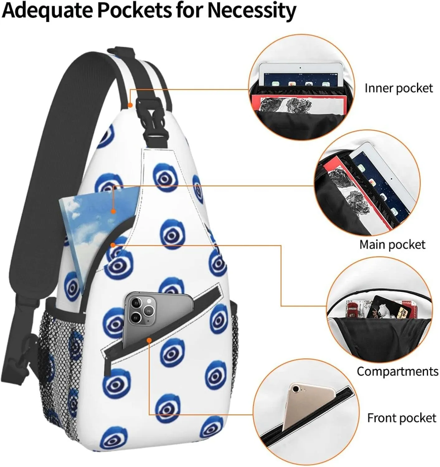 WURTON Evil Eyes Print Crossbody Backpack Shoulder Bag Cross Chest Bag For Travel, Hiking Gym Tactical Use