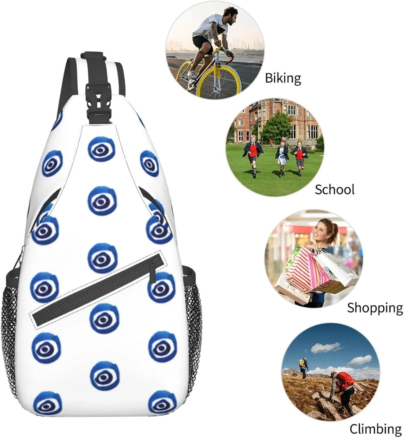 WURTON Evil Eyes Print Crossbody Backpack Shoulder Bag Cross Chest Bag For Travel, Hiking Gym Tactical Use