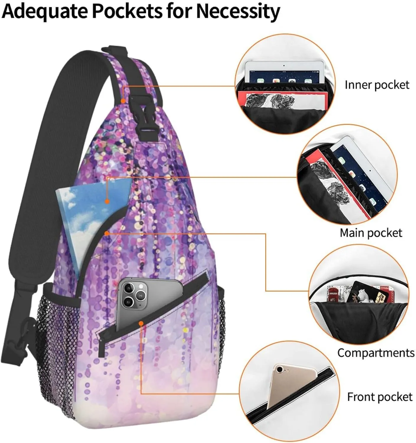 WURTON Flower Hummingbirds Embroidery Print Crossbody Sling Backpack Sling Bag Travel Hiking Chest Bag Daypack