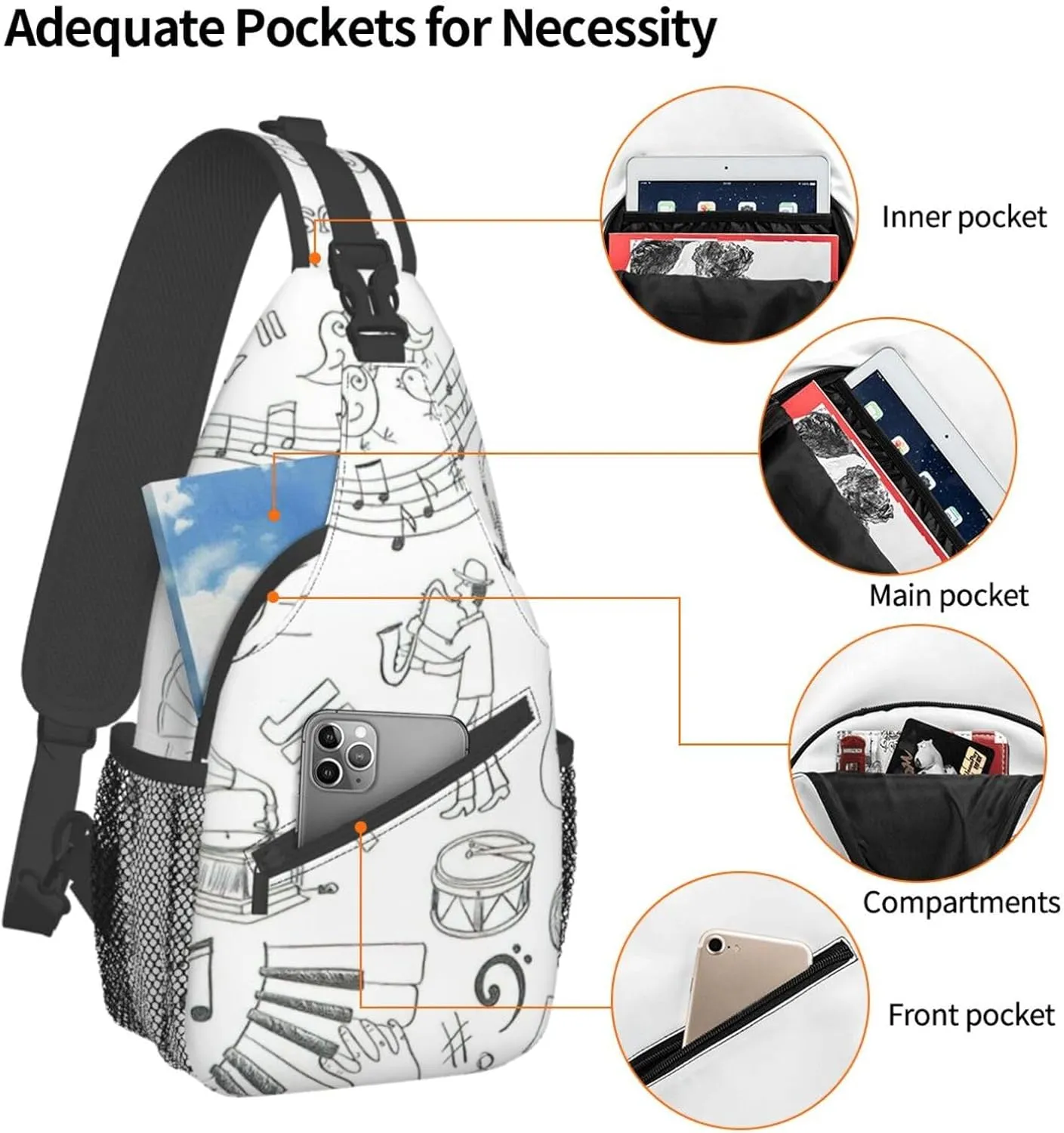 WURTON Japanese Sushi Black Print Crossbody Sling Backpack Sling Bag Travel Hiking Chest Bag Daypack