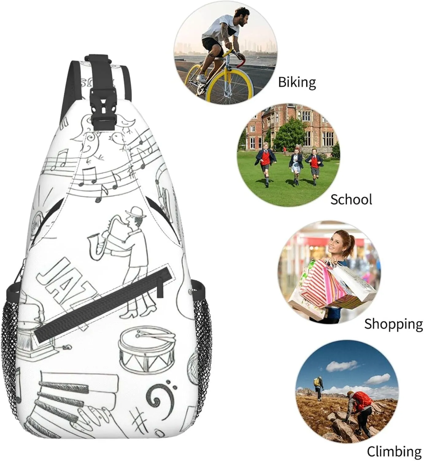 WURTON Japanese Sushi Black Print Crossbody Sling Backpack Sling Bag Travel Hiking Chest Bag Daypack