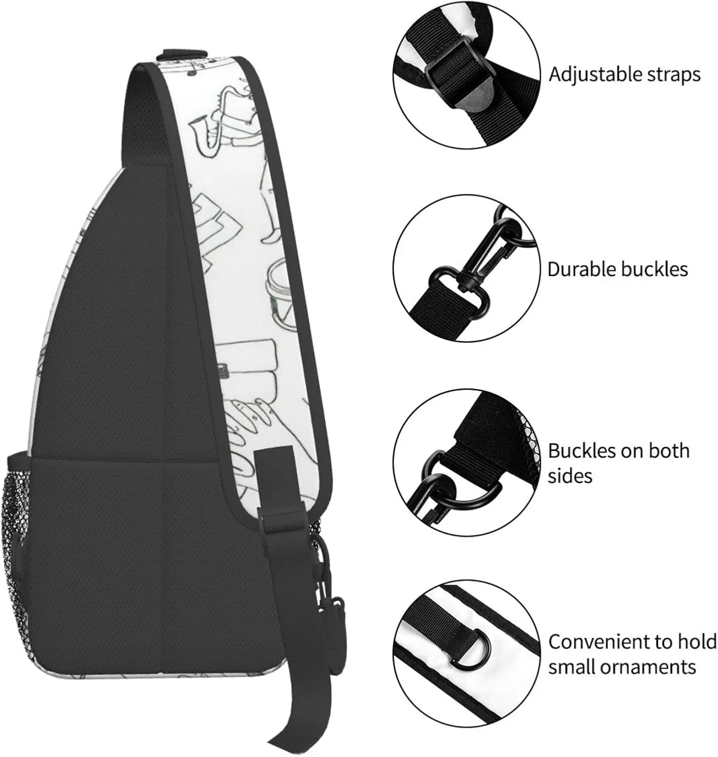 WURTON Japanese Sushi Black Print Crossbody Sling Backpack Sling Bag Travel Hiking Chest Bag Daypack