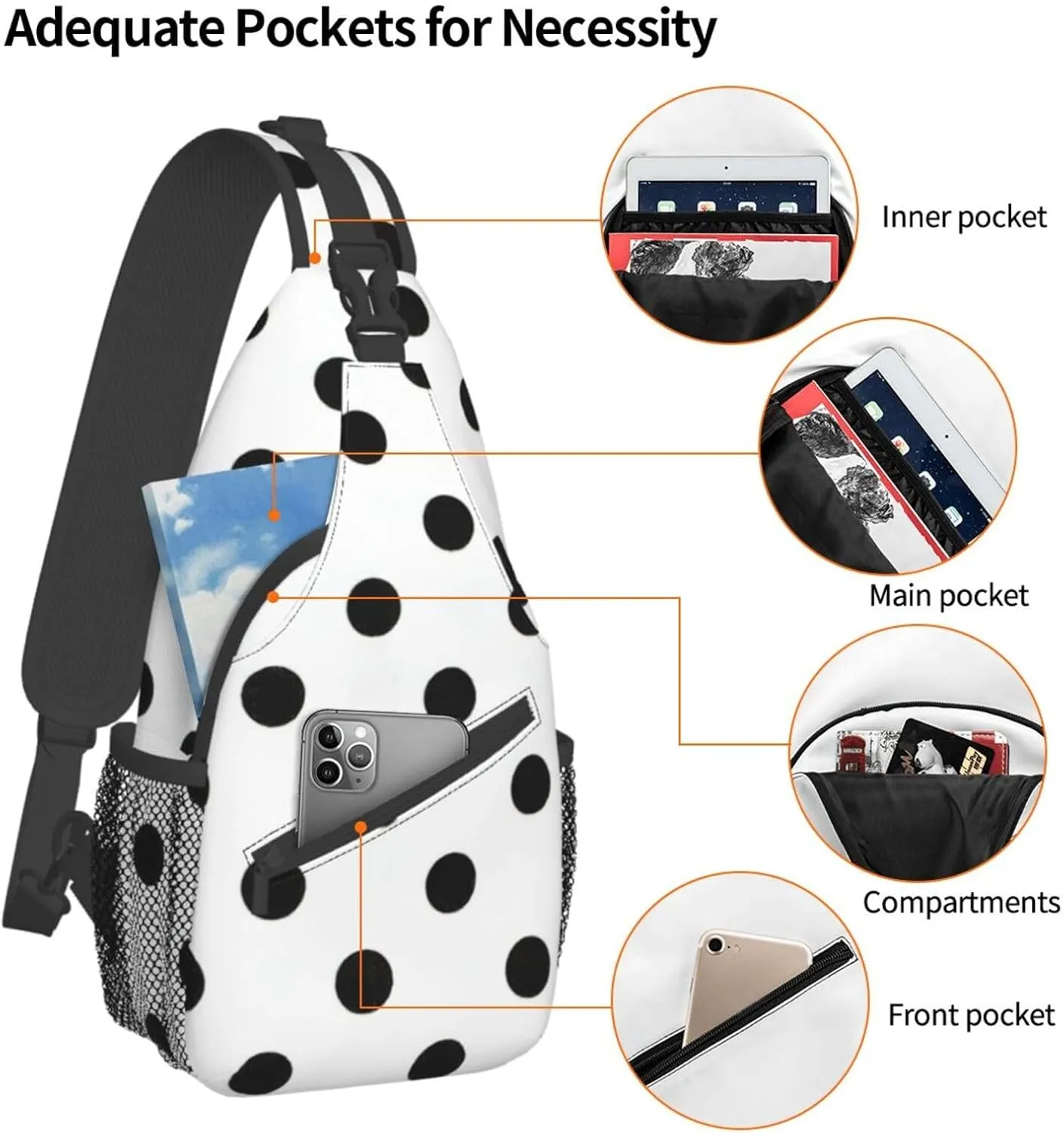 WURTON Polka Dot Print Crossbody Sling Backpack Sling Bag Travel Hiking Chest Bag Daypack