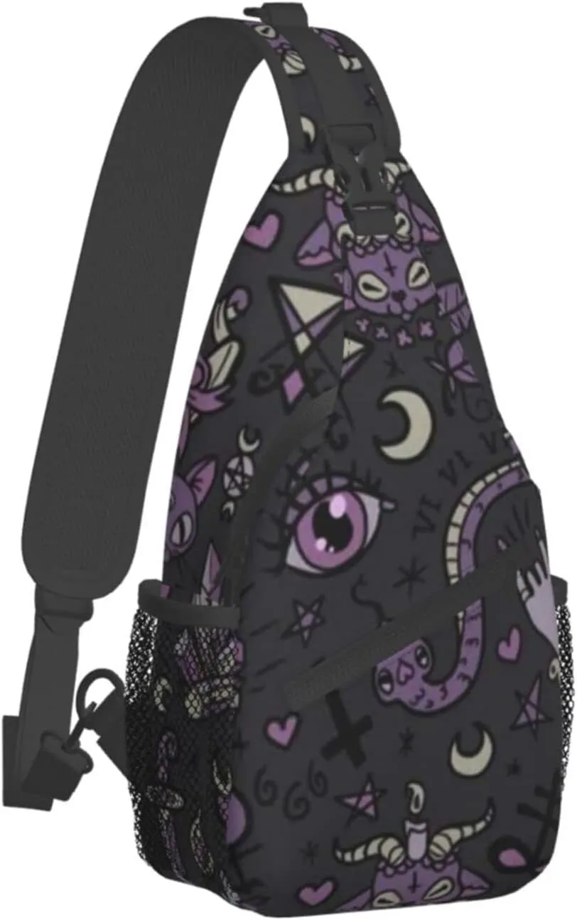 WURTON Purple Black Goth Spooky Print Crossbody Backpack Shoulder Bag Cross Chest Bag For Travel, Hiking Gym Tactical Use, MC700